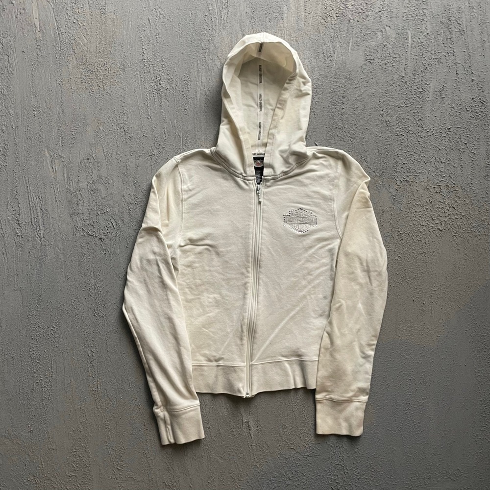 Vintage Harley Davidson Studded Zip Up Hoodie Women Medium White Y2K